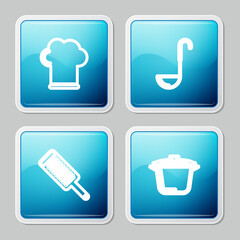 Set line Chef hat, Kitchen ladle, Grater and Cooking pot icon. Vector