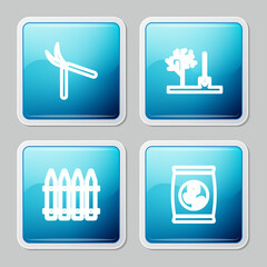 Set line Gardening handmade scissor, Planting tree the ground, fence and Fertilizer bag icon. Vector