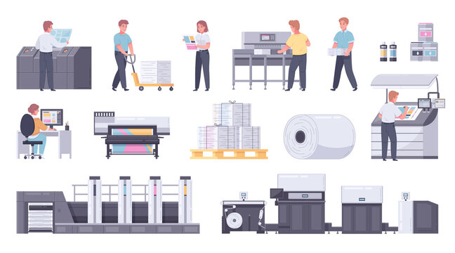 Printing House Polygraphy Cartoon Icon Set