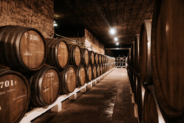Wooden wine barrels in the basement