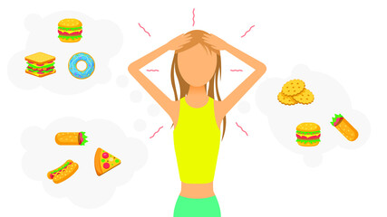 Abstract Flat Woman Skinny Girl Grabbed Her Head With Clouds With Food Cartoon People Character Concept Illustration Vector Design Style Lack Of Weight Anorexia