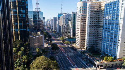 Aerial view of Av. Paulista in São Paulo, SP. Main avenue of the capital. Sunday day, without cars, with people walking on the street