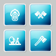 Set line Canteen water bottle, Crossed wooden axe, Tourist tent with flag and Wooden icon. Vector