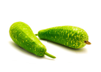 Two homegrown young long mottled bottle gourds isolated on white