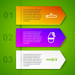 Set line Submarine, Hand grenade, Military knife and Bullet. Business infographic template. Vector