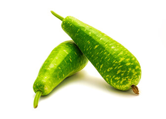 Two homegrown young long mottled bottle gourds isolated on white