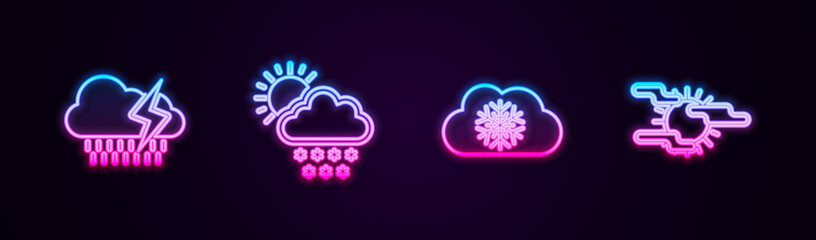 Set line Cloud with rain and lightning, snow sun, and Fog. Glowing neon icon. Vector