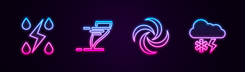 Set line Storm, Tornado, and Cloud with snow and lightning. Glowing neon icon. Vector