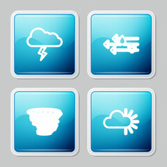 Set line Storm, Wind and rain with snow, Tornado and Cloudy icon. Vector