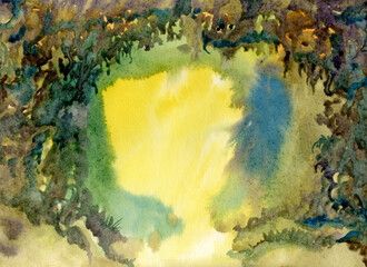 Exit from the fabulous cave. Arch of dense bushes. A door from the unknown. Watercolor illustration.