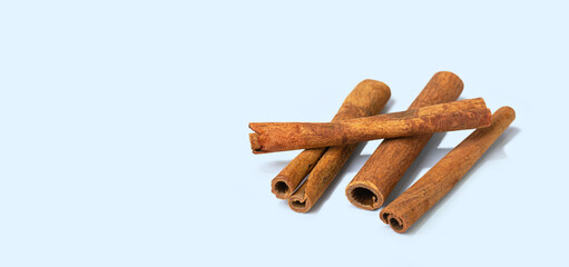 Cinnamon stick on blue background with copy space