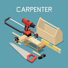 Carpentry Furniture Making Tools Isometric Composition With Saw Hammer Bubble Level Electric Drill Tape Measure