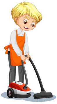 Cartoon Character Boy Using Vacuum Cleaner