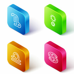 Set Isometric line Capricorn zodiac, Solstice, Libra and Cancer icon. Vector