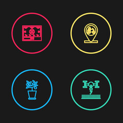 Set line Plant in pot, Smart farm with drone, Tractor and location and farming technology icon. Vector