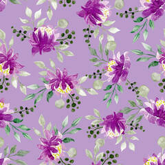 Seamless floral pattern. Watercolour lilac wildflowers on a lilac background.