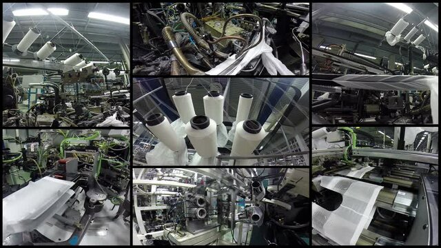 Modern automation technologies in textile mills split screen 4k video
