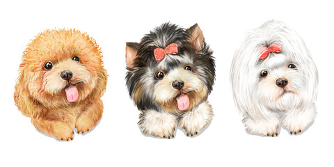 Watercolor illustrations with dogs, set of three dogs, Maltese lapdog, Yorkshire terrier, red poodle 