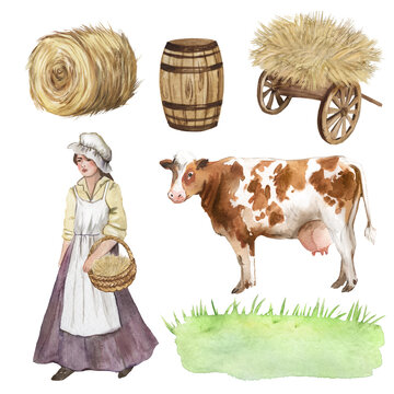 Watercolor set, rustic farm set, girl, cow, haystack, cart with hay, village, milkmaid 
