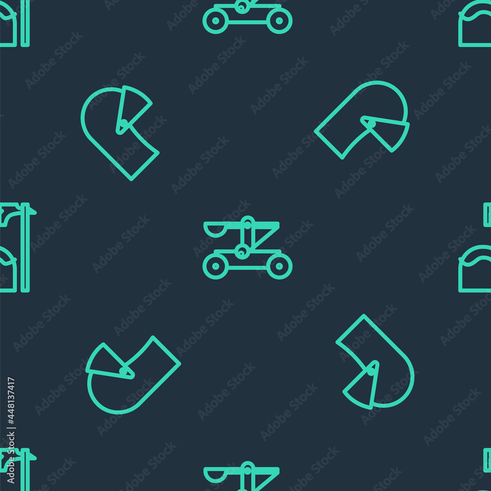 Poster set line catapult shooting stones, medieval iron helmet and executioner axe tree block on seamless p
