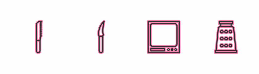 Set line Bread knife, Electronic scales, Knife and Grater icon. Vector