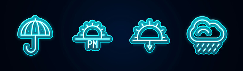 Set line Umbrella, Sunset, and Cloud with rain. Glowing neon icon. Vector