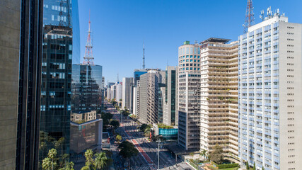 Aerial view of Av. Paulista in São Paulo, SP. Main avenue of the capital. Sunday day, without cars, with people walking on the street