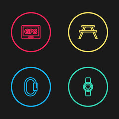 Set line Carabiner, Smart watch showing heart beat rate, Picnic table with benches and Gps device map icon. Vector