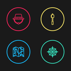 Set line Location of the forest on map, Wind rose, Marshmallow stick and Camping hat icon. Vector