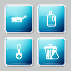 Set line Brush for cleaning, Fabric softener, Toilet brush and Trash can and garbage bag icon. Vector