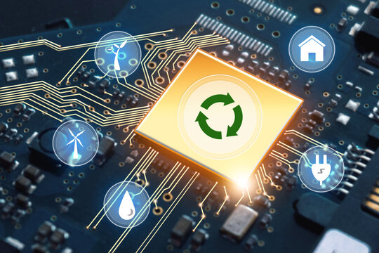 Central computer processors CPU.Quantum computer, large data processing, database .Renewable green energy eco saving technology and global warming concept.