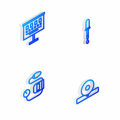 Set Isometric line Pipette, Eye test chart, Blood pressure and Otolaryngological head reflector icon. Vector