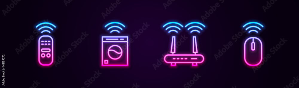 Poster set line smart remote control, washer, router and wi-fi signal and wireless mouse. glowing neon icon