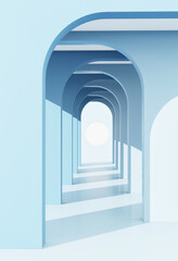 Blue hall for product presentation, the colonnade of arches, blue background, 3d render, 3d illustration.