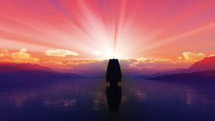 Fototapeta na wymiar old ship at sea sunset illustration