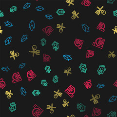 Set line Corn, Bird house, Shovel and rake and Farm on seamless pattern. Vector