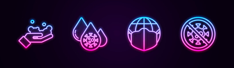 Fototapeta na wymiar Set line Washing hands with soap, Blood test virus, Earth medical mask and Stop. Glowing neon icon. Vector