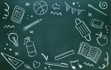 Blackboard written with chalk with school supplies, coronavirus protections and copy space. Back to...