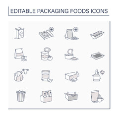 Packing foods line icons set. Difference in food packing.Portion control, individual boxes. Protection, tampering resistance from bacteria. Meal concept. Isolated vector illustrations. Editable stroke