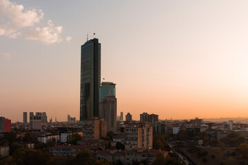 View of skyscrapers of financial district located in Levent area of Istanbul at sunset