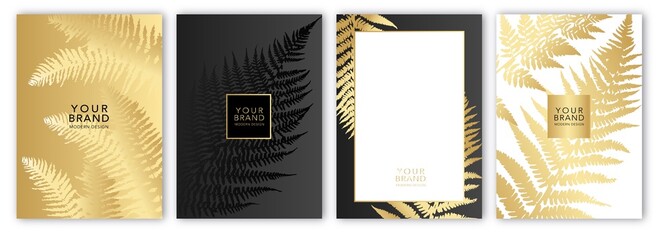 Tropical cover design set with tree fern golden leaf on background. Holiday black and gold exotic pattern for vector business, sale, wedding card, luxury menu template, summer holiday poster. © Olga Tsikarishvili