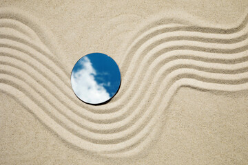 Minimal abstract cosmetic background for product presentation. Sand background with mirror.