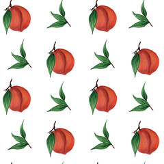 Ripe peaches, apricots, nectarines and green leaves on a white background. Seamless pattern. Summer fruits. Watercolor illustration. For printing on fabric, packaging, label design.