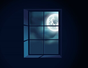 Full Moon. Window view. Moonlight. Twilight.