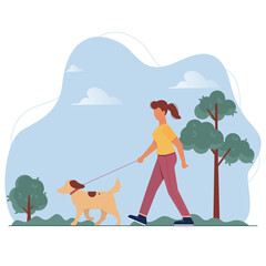 Young woman with dog on leash walking in public city park. Girl spending time with pet in forest. Lady promenades with animal among trees. - obrazy, fototapety, plakaty