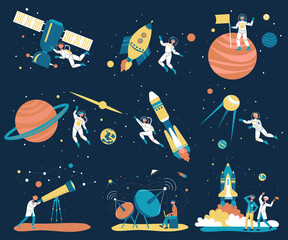 Astronomy Space People Background Icon Set