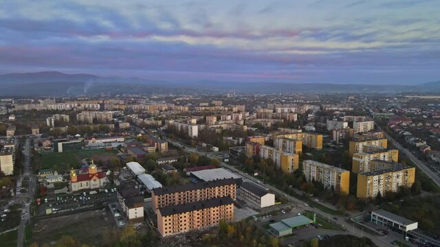 Drone aerial view city Uzhgorod in the residential area in Zakarpattya Ukraine
