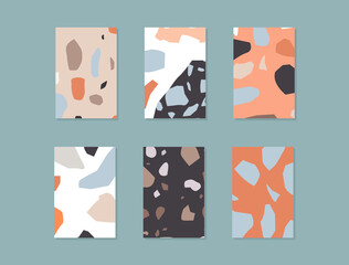 Set of terrazzo texture poster template. Isolated marble stone banner bundle -  creative colorful cover collection in minimalist style.