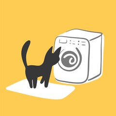 Cute cat and the washing machine, flat vector illustration.