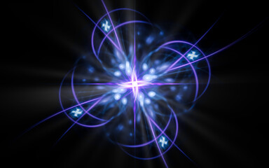 abstract illustration of a computer generated fantastic star in various shapes and shades on a black background for use in symbology, signs for digital design and graphics